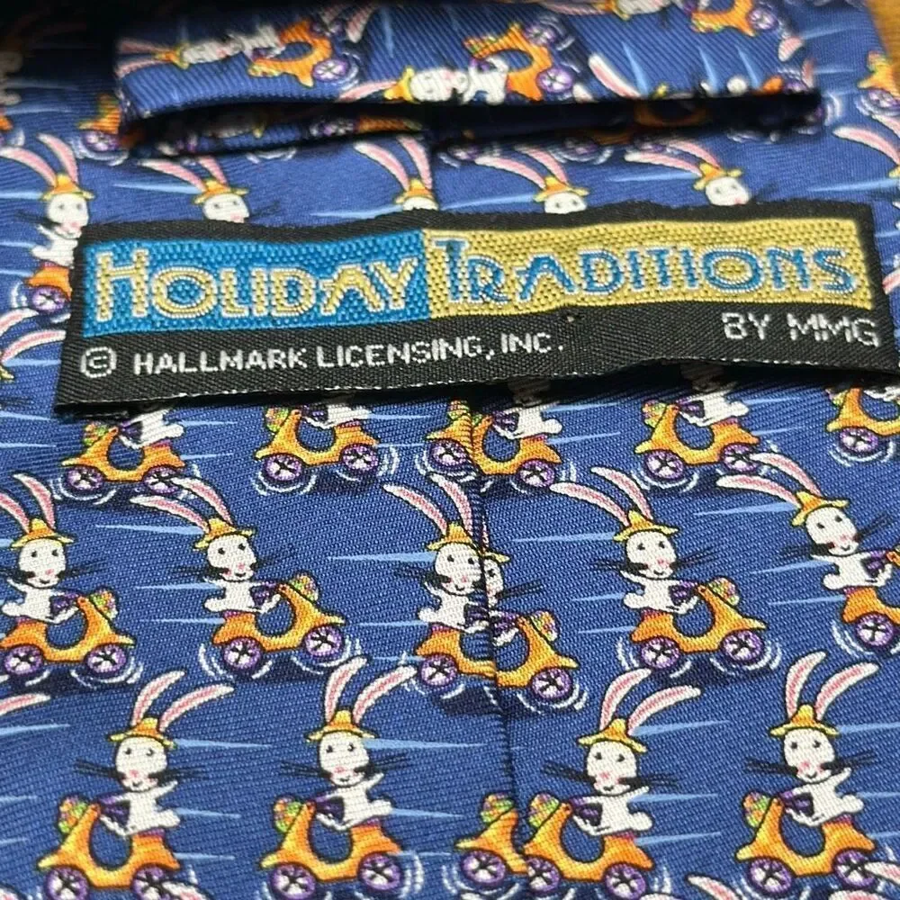 Hallmark Holiday Traditions Bunny Rabbit Silk Tie‎ Necktie Riding Scooters MMG